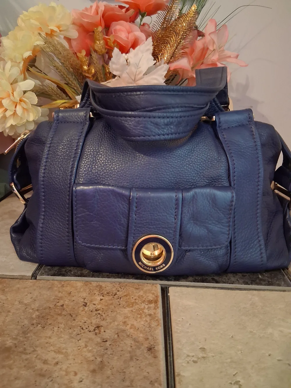 Michael Kors Navy Leather Slouchy Barrel Bag with Gold Hardware